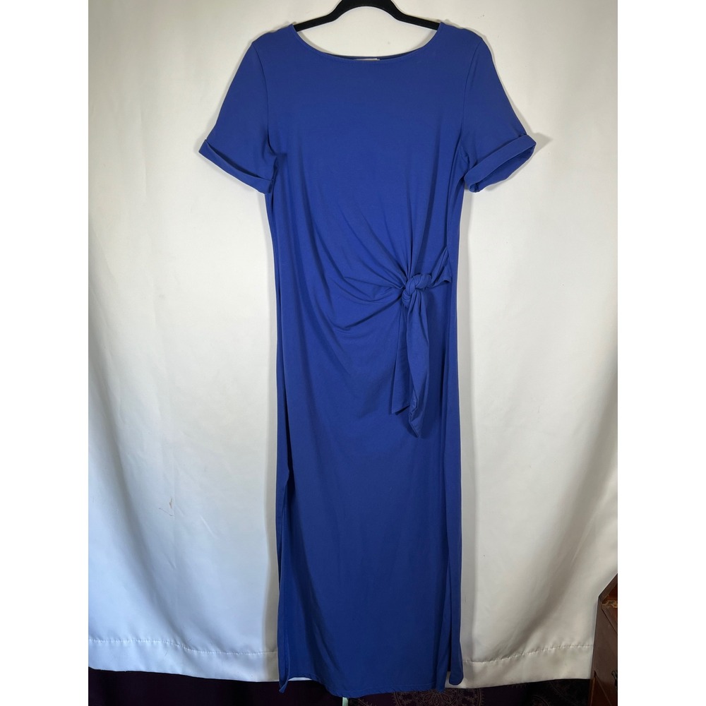 Sezane Blue Organic Cotton Side Tie Knot Maxi Dress Short Sleeve Slit M